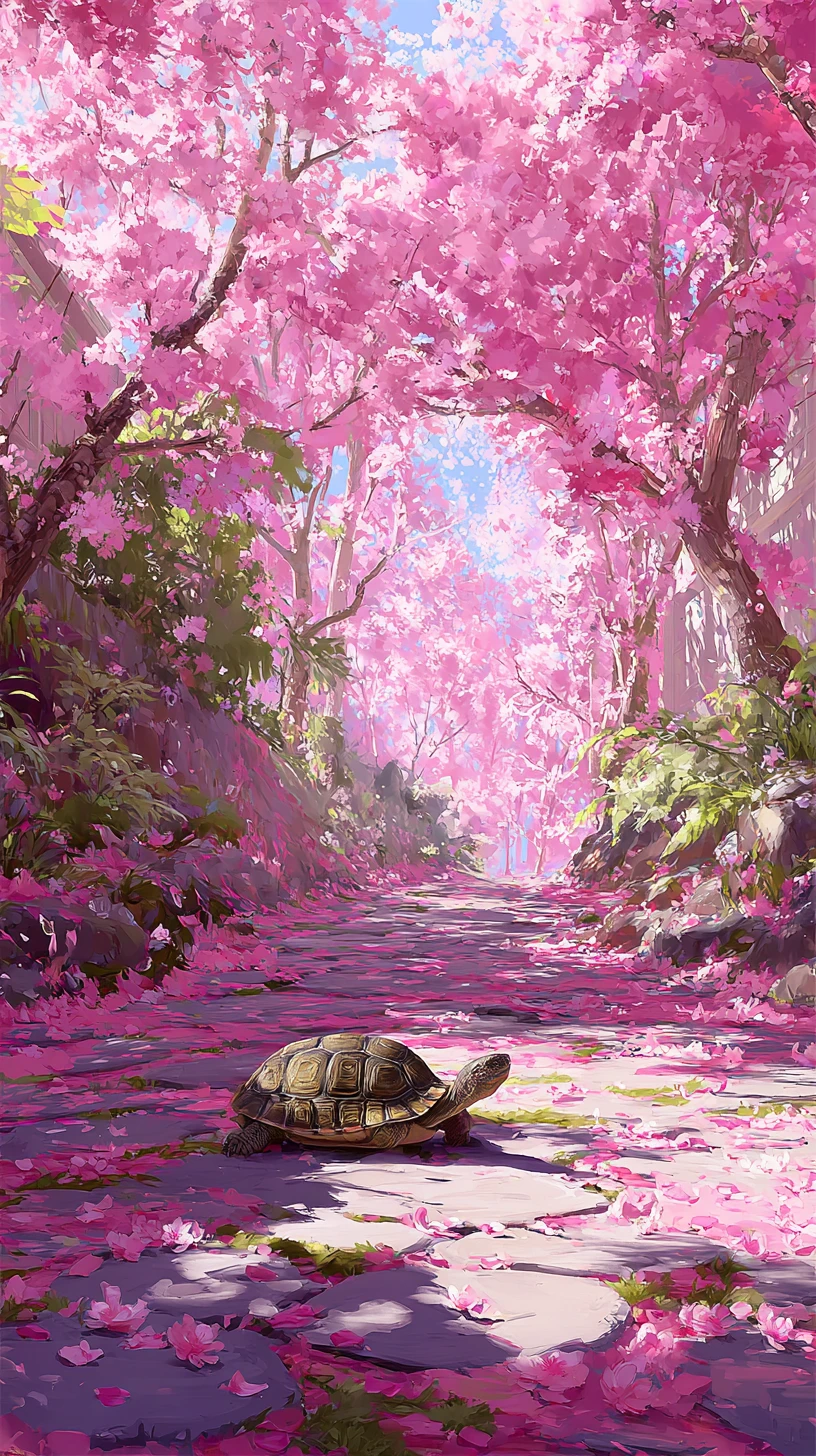 Tartaruga repousando em caminho de flores de cerejeira na luz da primavera