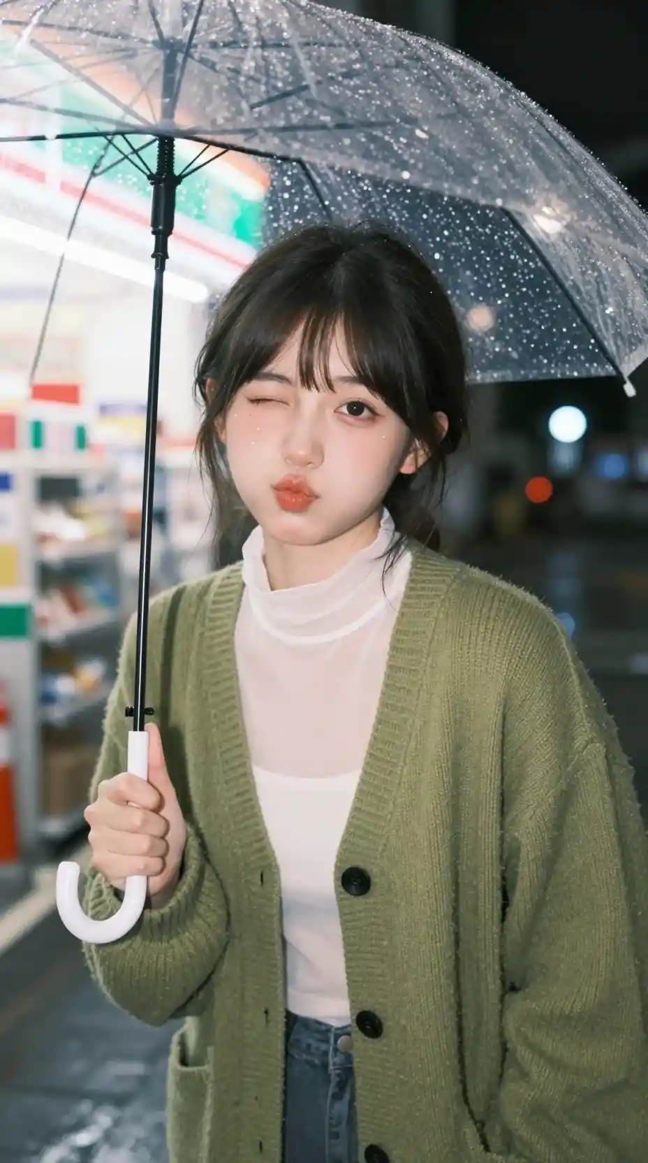 Playful girl under umbrella by neon lit convenience store