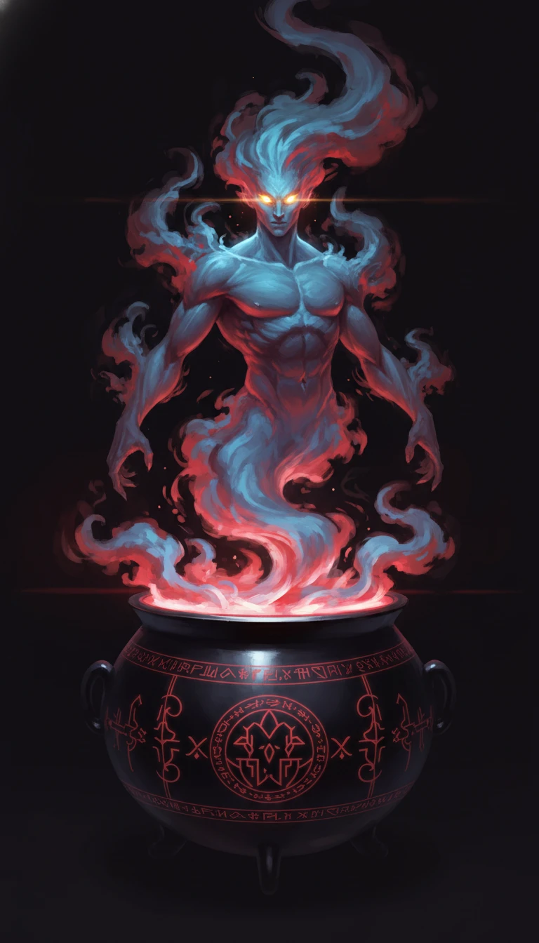 Mystical smoke genie rising from glowing black cauldron