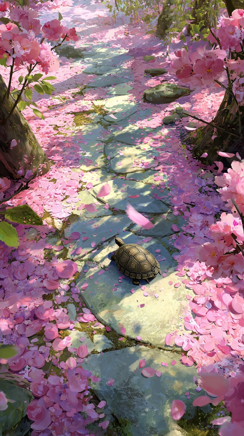 Tortoise Resting On Sunlit Cherry Blossom Forest Path