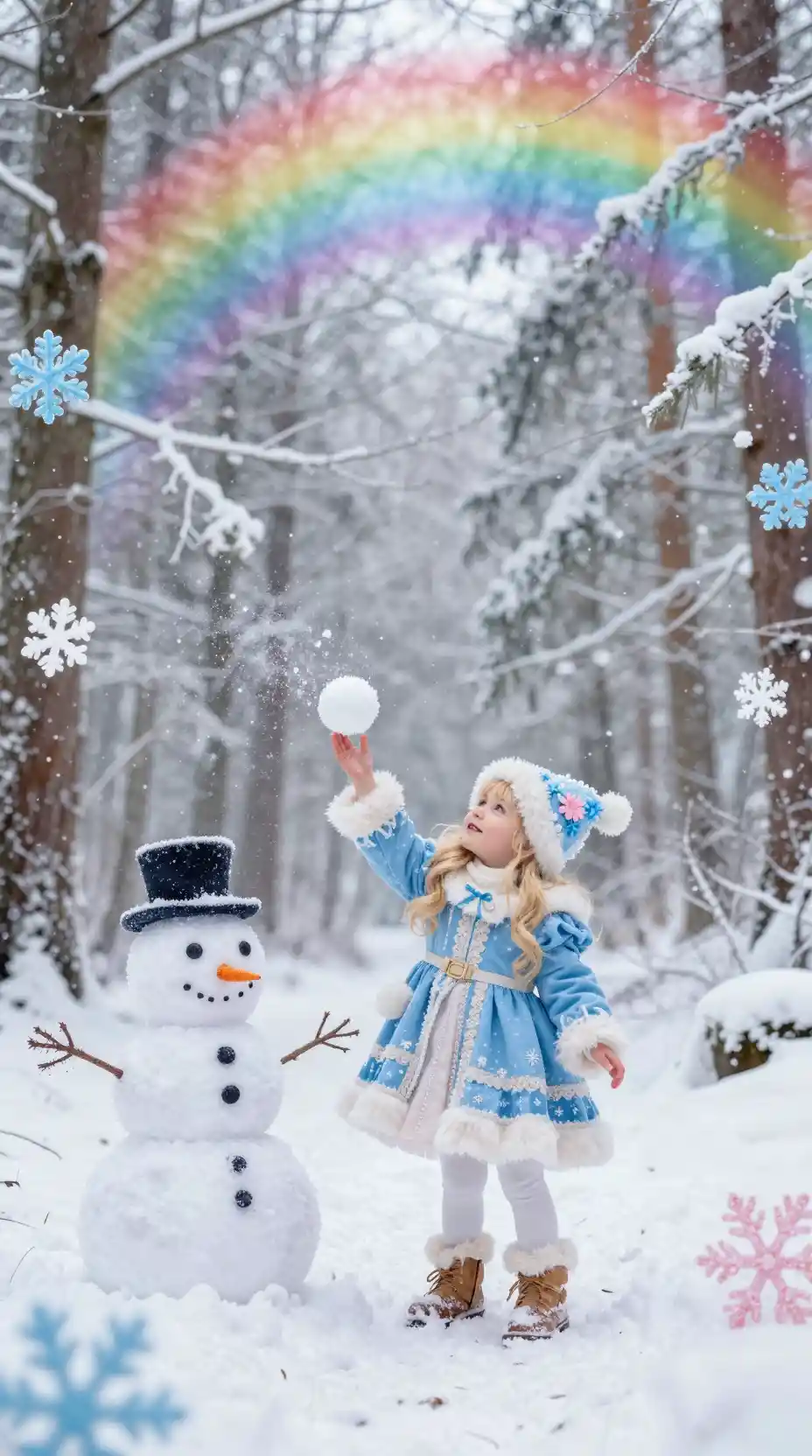Playful Blonde Girl In Rainbow Frosted Winter Forest