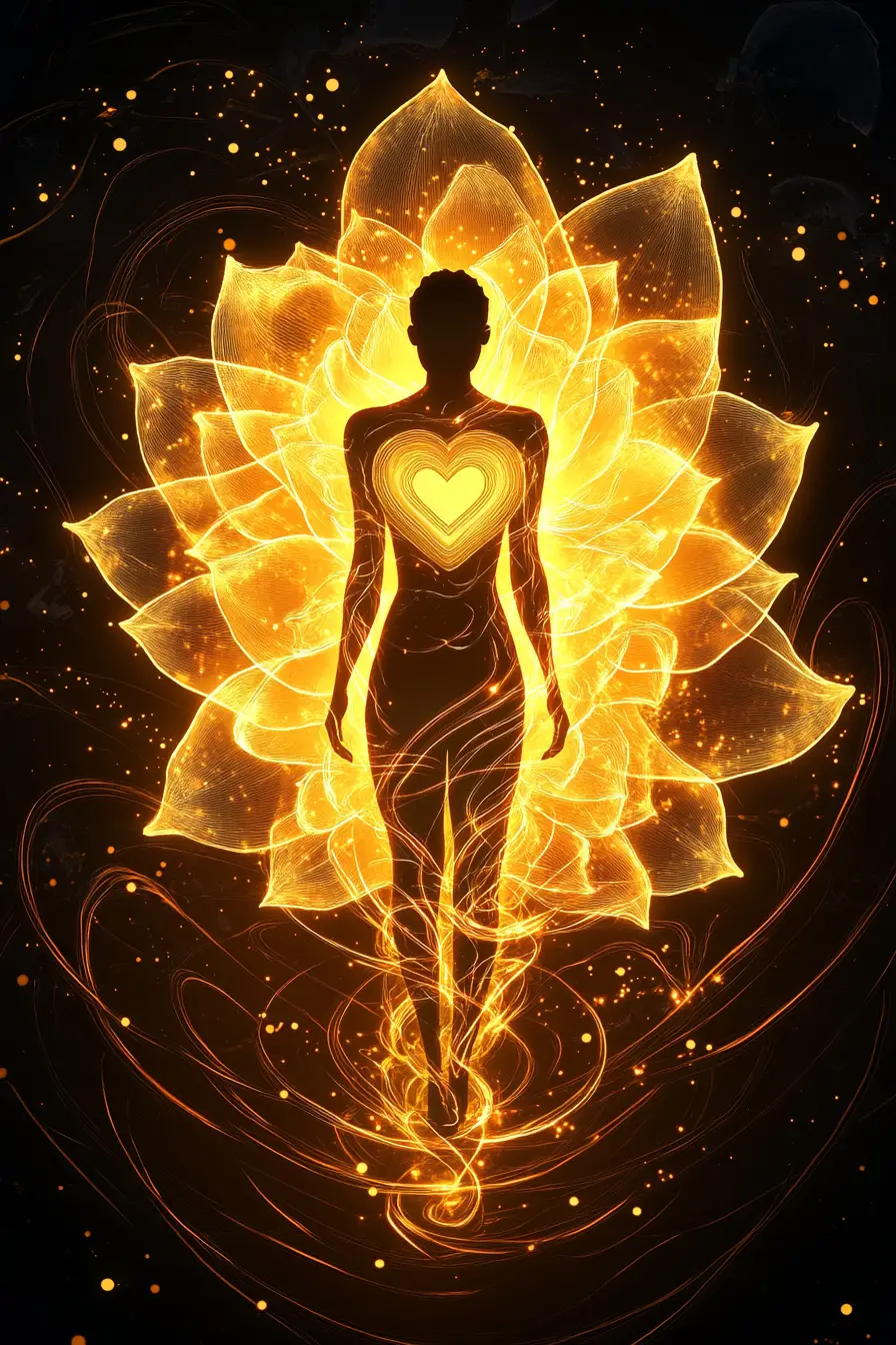 Figure surrounded by soft golden rose petal shaped light