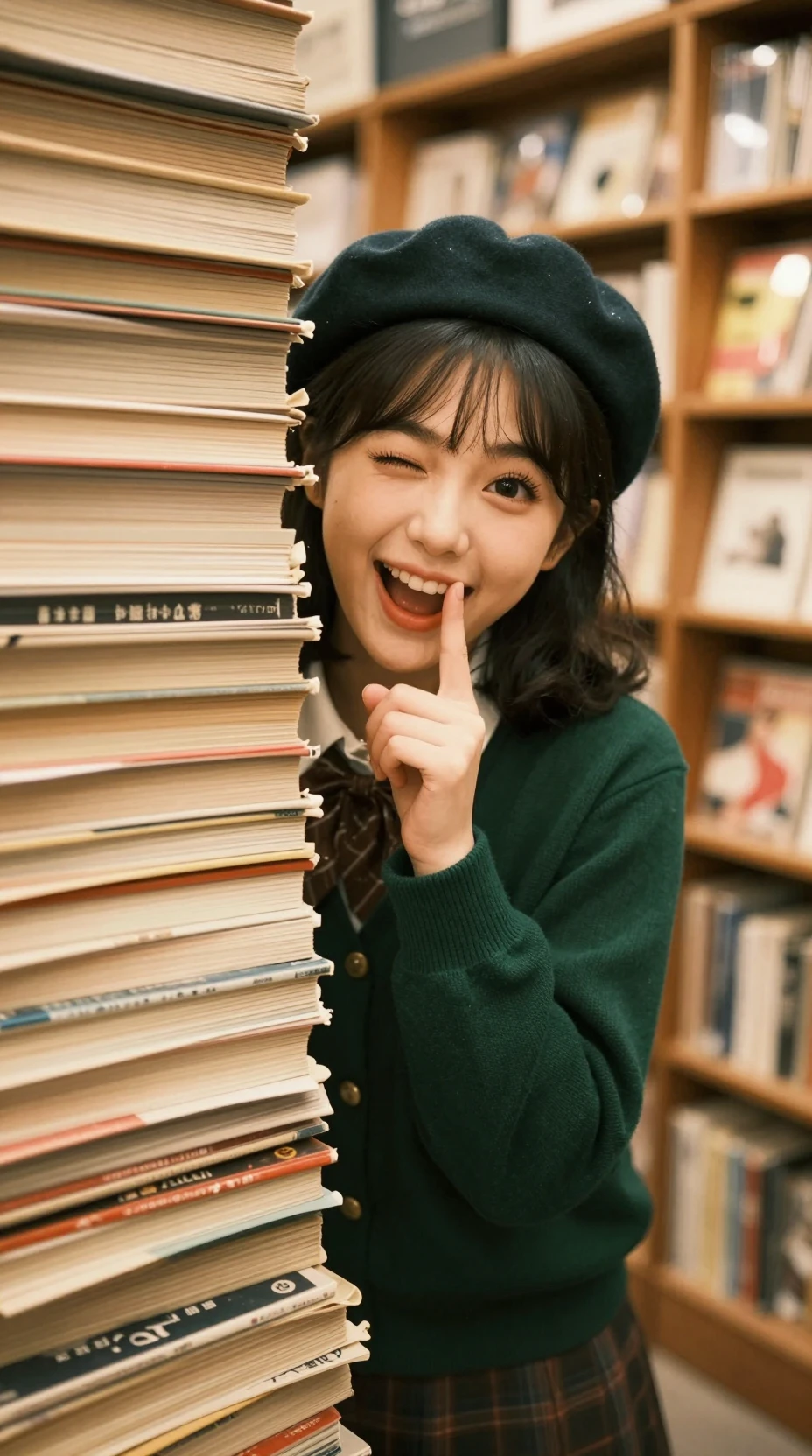 溫馨日式書店裡躲在雜誌後面的女孩