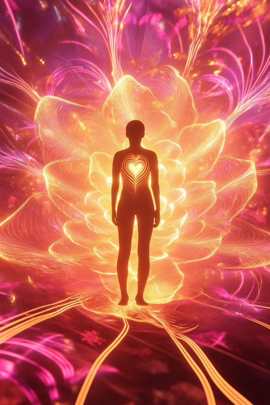 Glowing figure surrounded by soft golden rose petal light