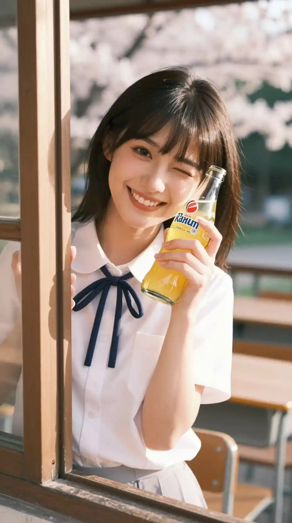 Playful schoolgirl winking through a wooden classroom window