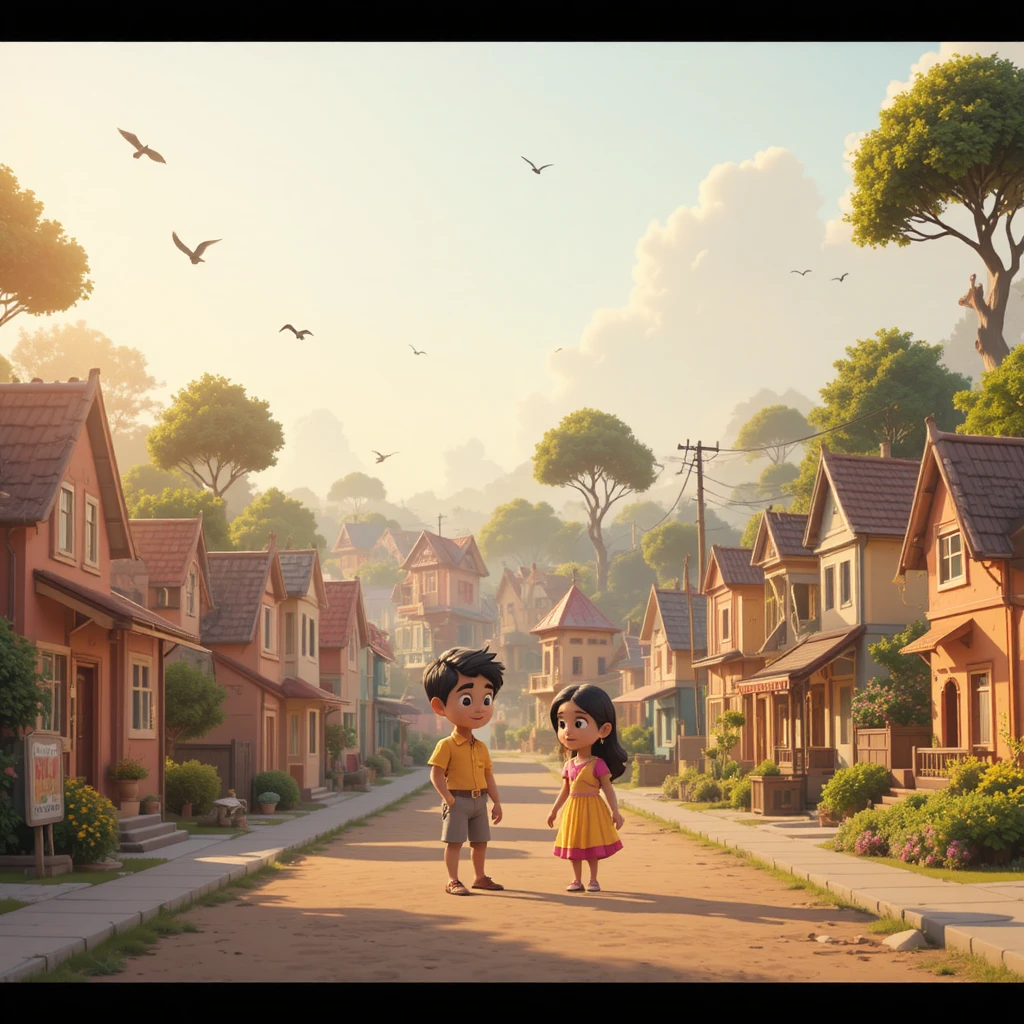 Tranquilo pueblo indio pequeño en 3D con niños a la luz de la mañana