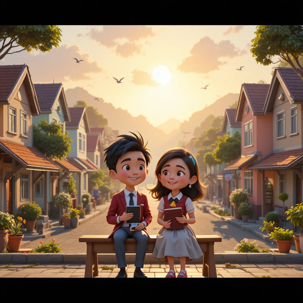 Peaceful 3D small town morning with two kids apart