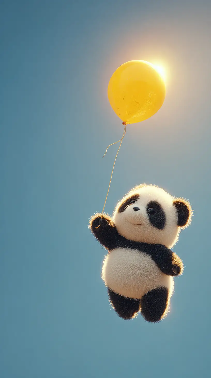 Plush Panda Teddy Bear Floating With Glowing Yellow Balloon