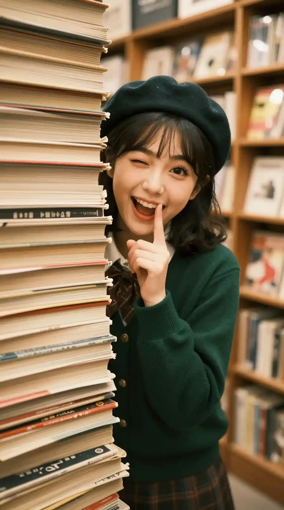 溫馨日式書店裡躲在雜誌後面的女孩