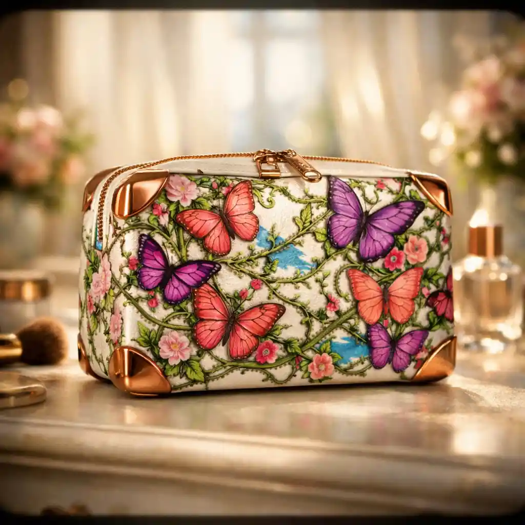 Butterfly makeup bag on elegant sunlit vanity table