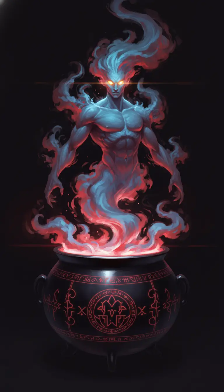 Mystical smoke genie rising from glowing black cauldron