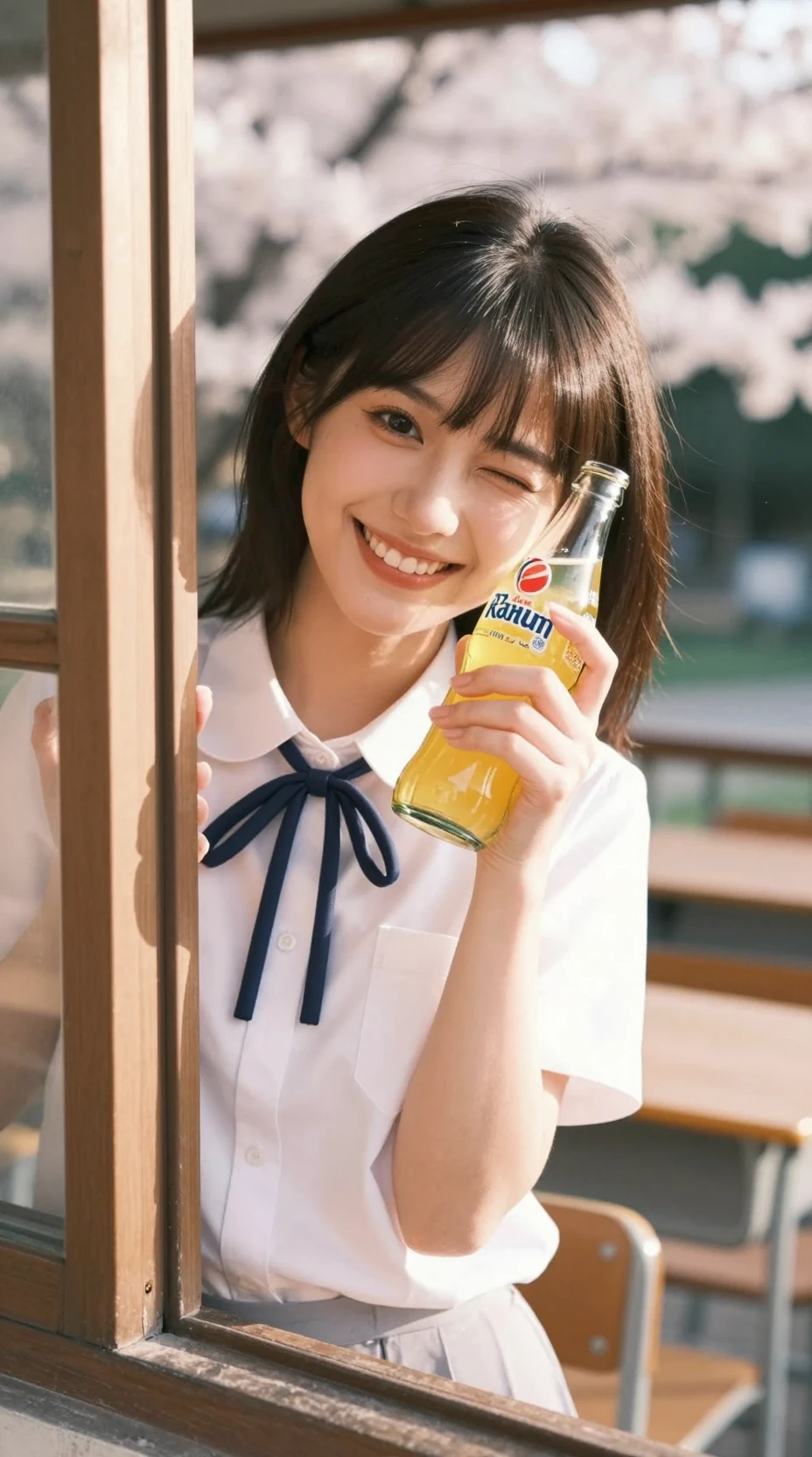 Playful schoolgirl winking through a wooden classroom window
