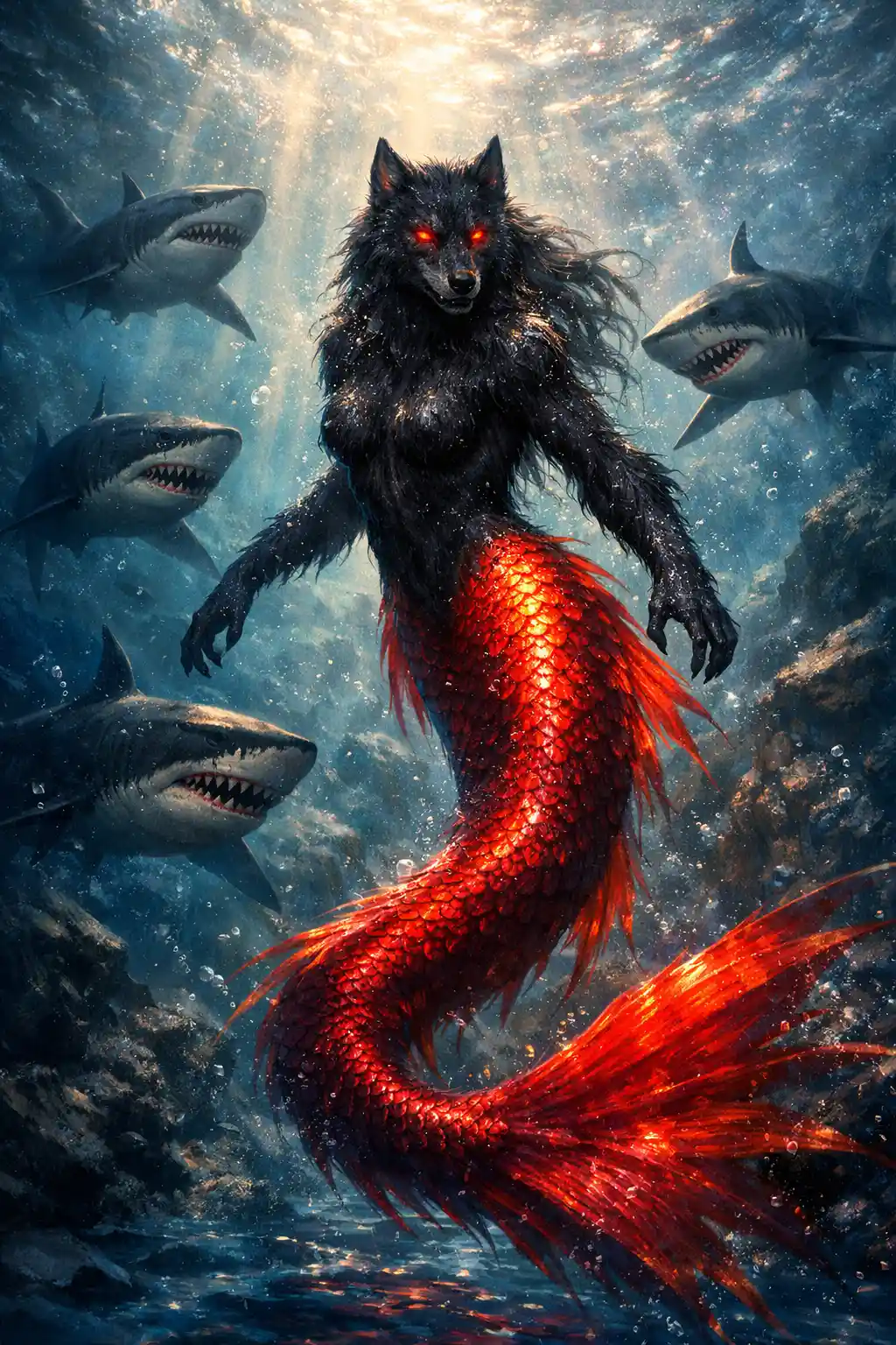 Ibrido lupo mannaro sirena circondato da squali in caccia