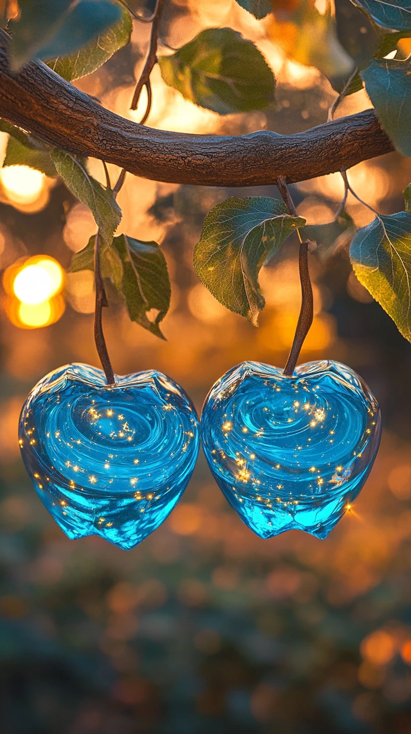 Leuchtende Glasäpfel an einem Fantasiewaldbaum