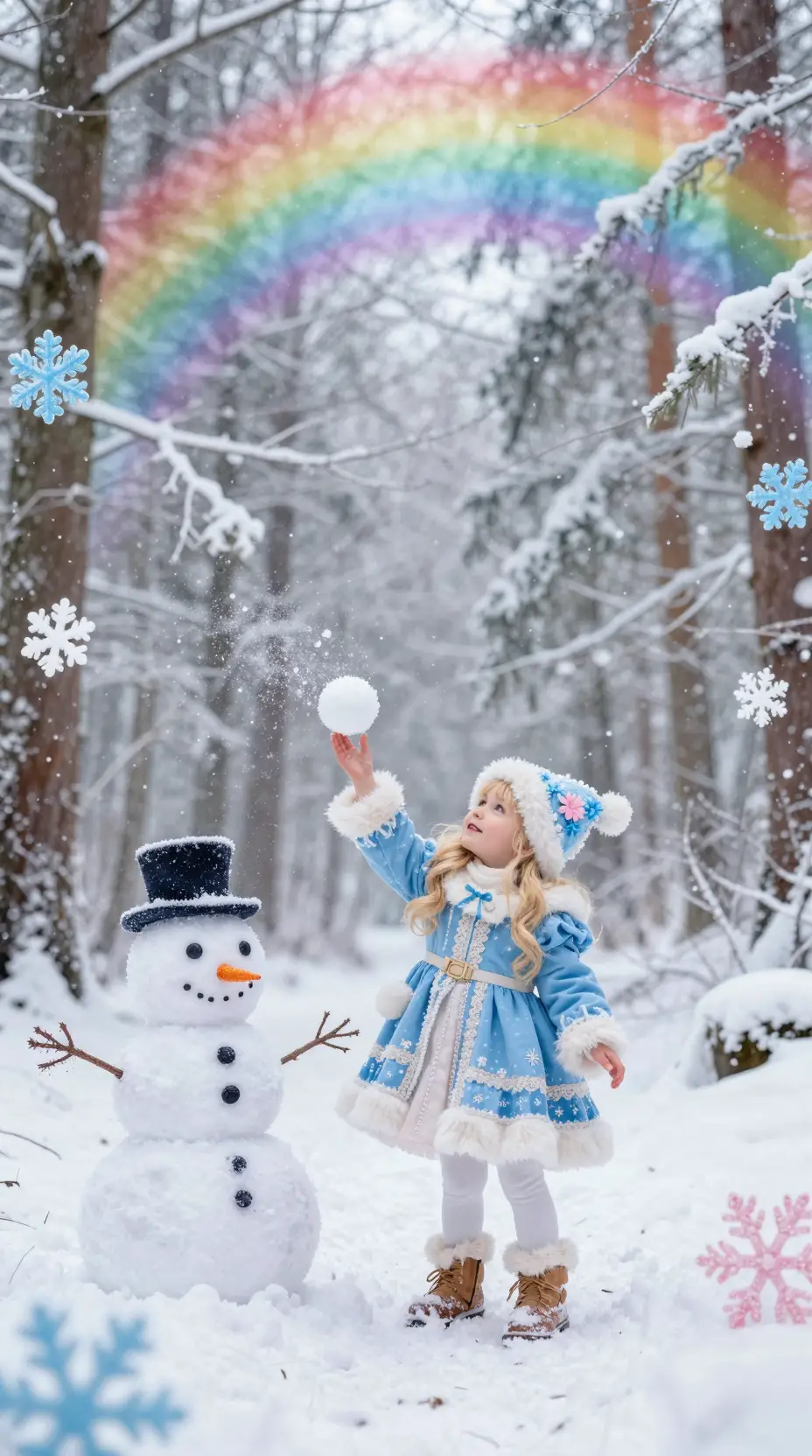 Playful Blonde Girl In Rainbow Frosted Winter Forest