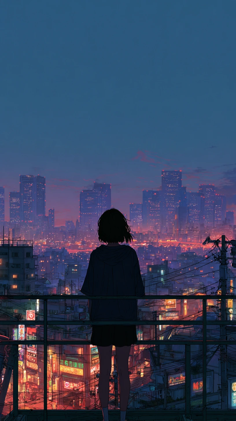 黃昏東京天台上的動畫少女與城市天際線