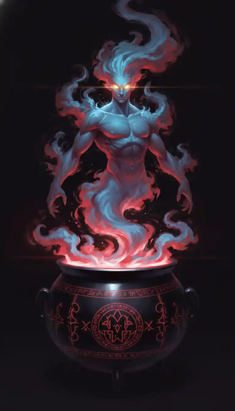 Mystical smoke genie rising from glowing black cauldron