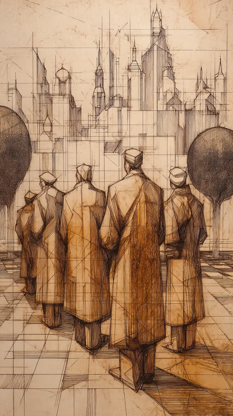 Cubist graphite crowd facing a fragmented city skyline