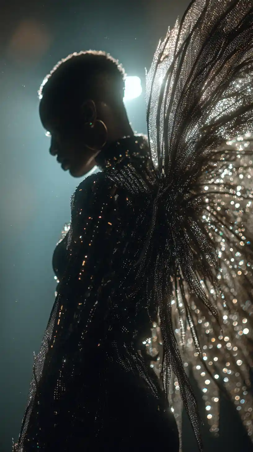 Afrofuturistic dark angel with wings in cosmic starlight