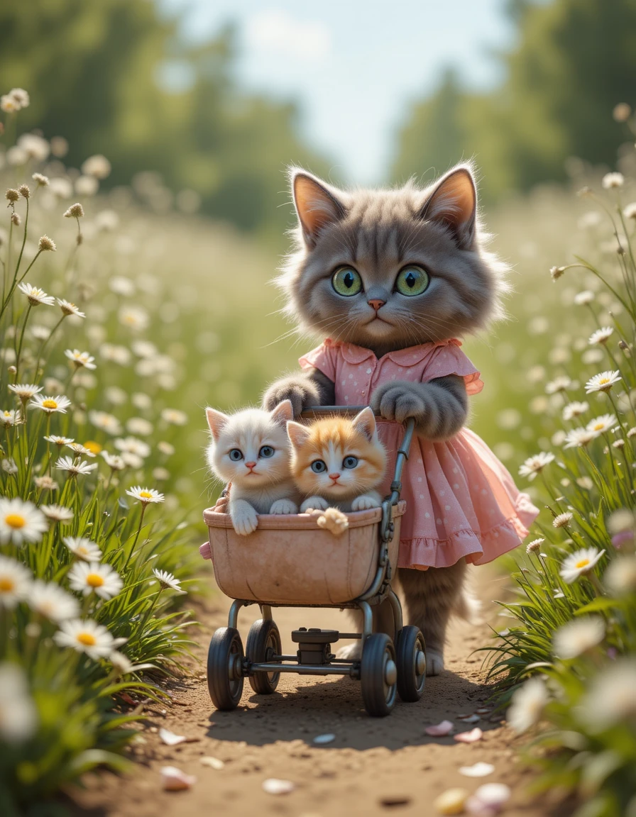 Gata gris con vestido rosa empujando un cochecito lleno de gatitos