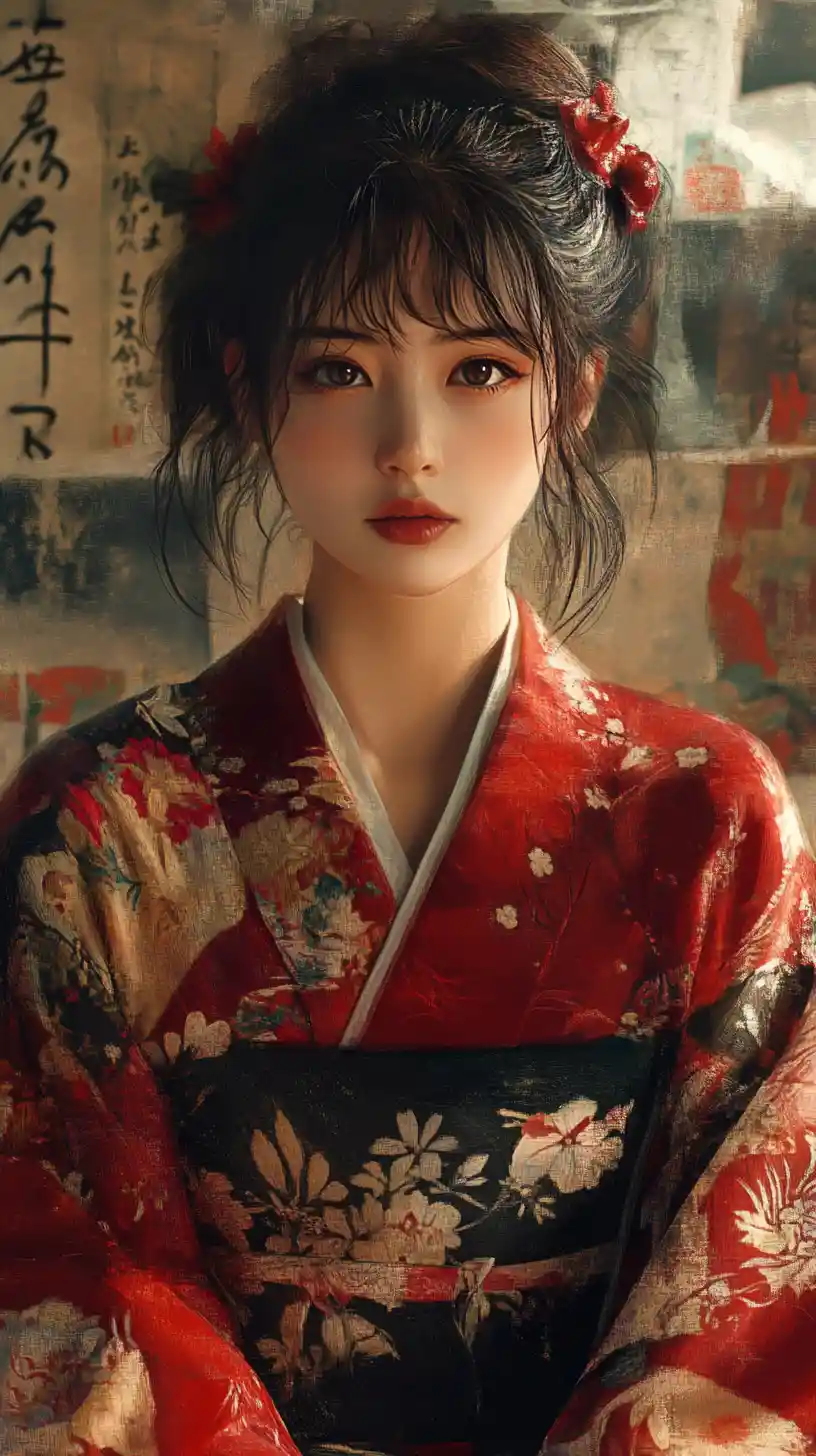 Japanese woman in kimono seated in quiet anime portrait