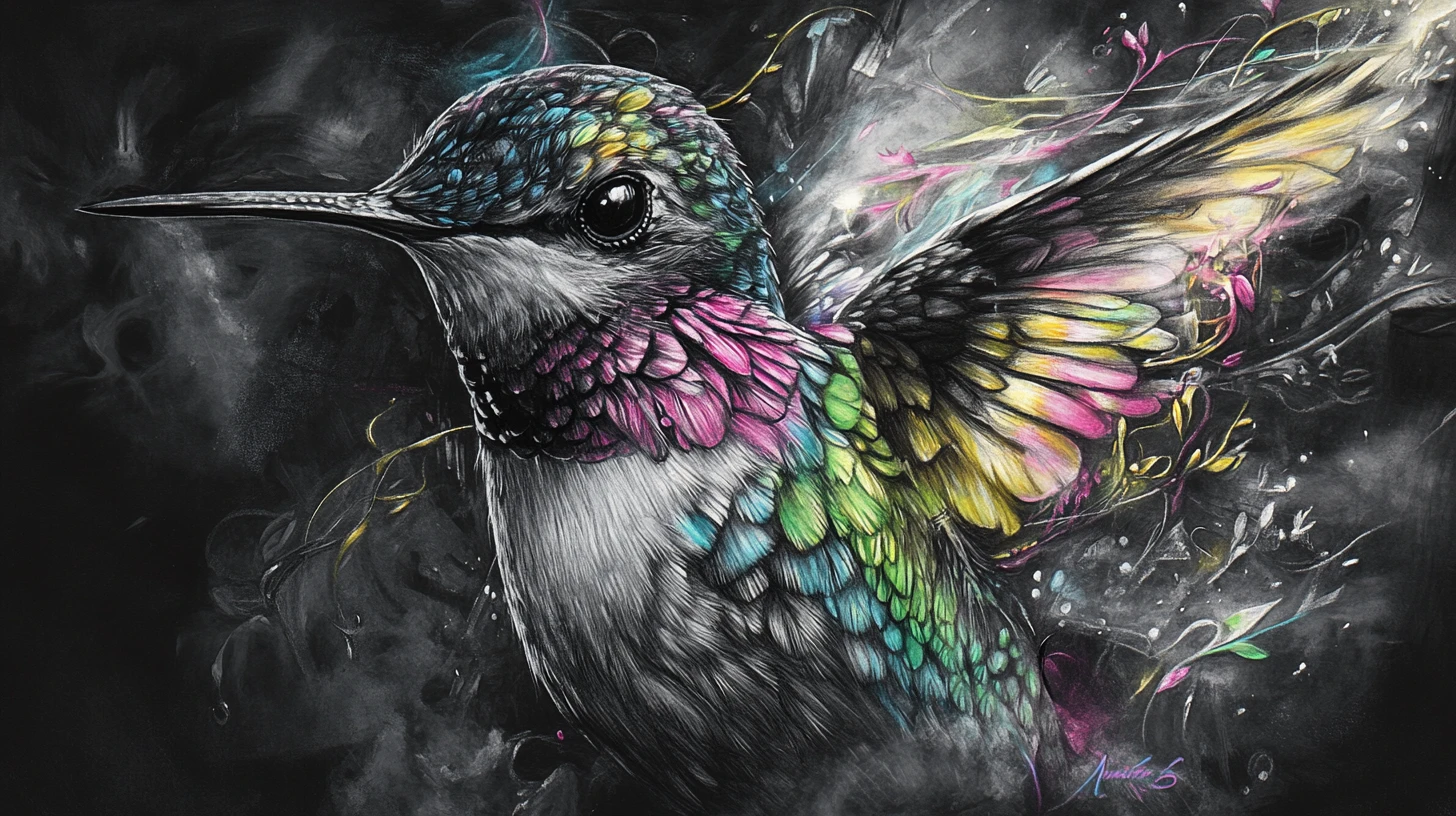 Colibrí surreal de carbón con plumas iridiscentes y brillantes