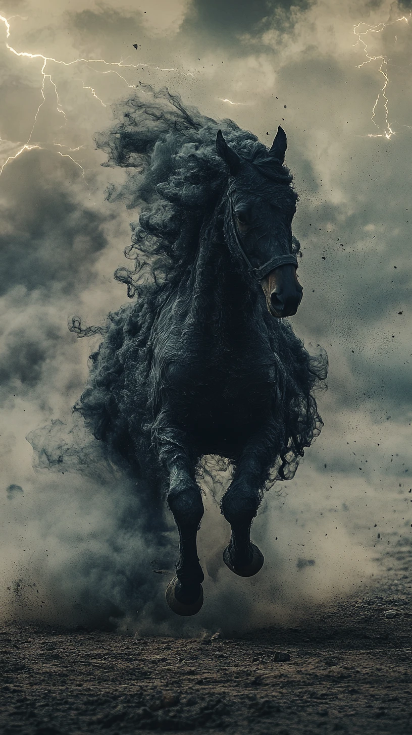 Spectral smoke horse galloping across a dark desert