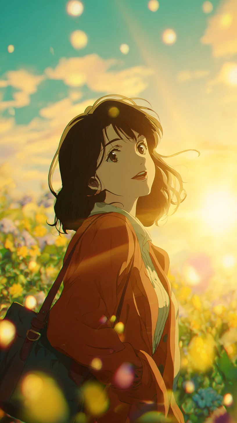 Young woman standing in bright spring sunlight outdoors