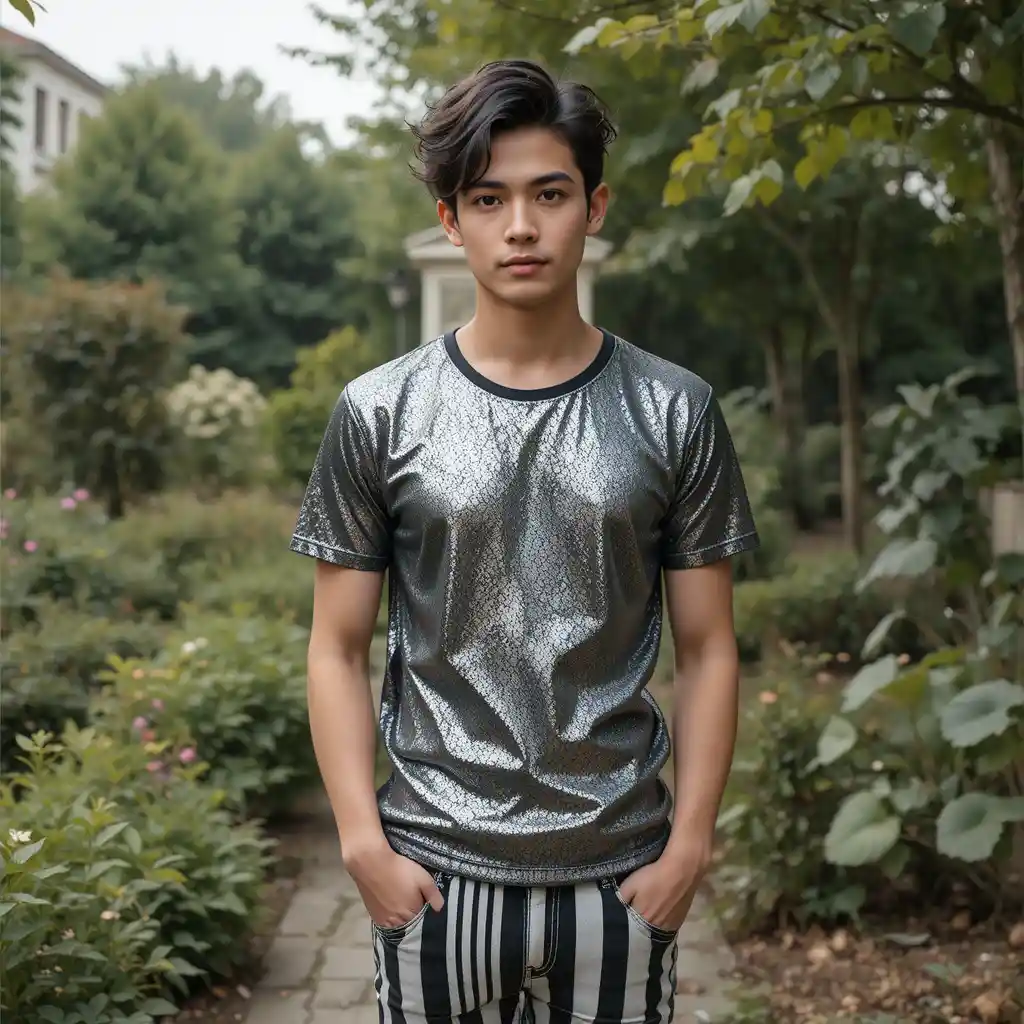 Young man in striped jeans standing in a garden