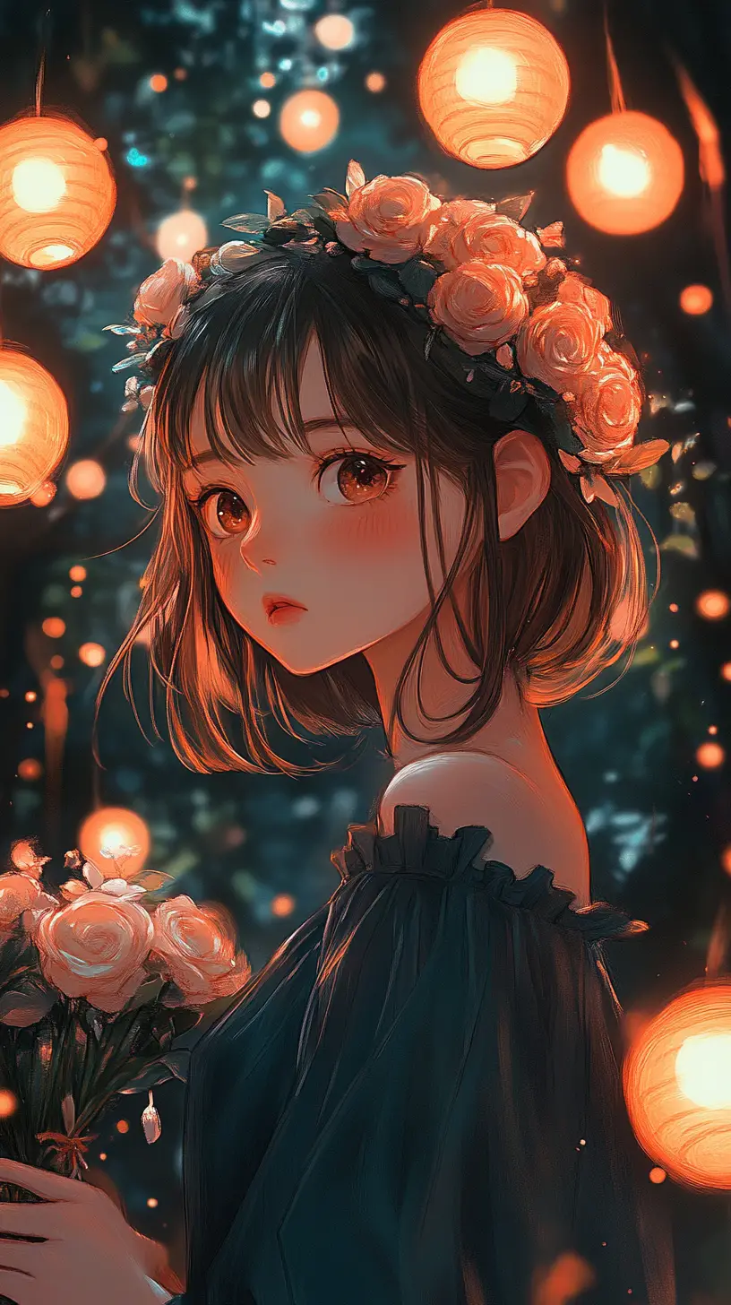 Anime girl with glowing flowers in a magical forest