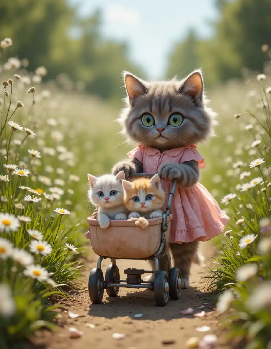 Gata gris con vestido rosa empujando un cochecito lleno de gatitos