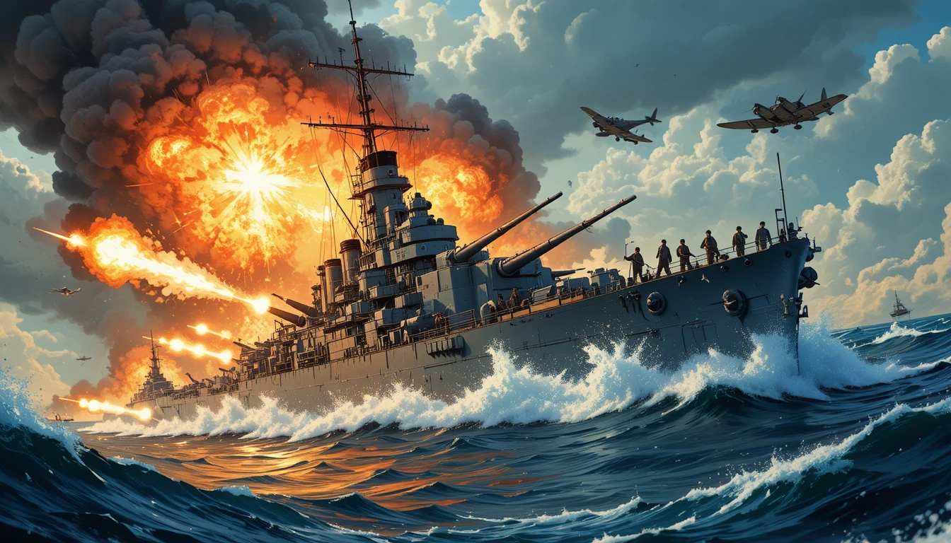 World War II battleship battling enemy planes at sea