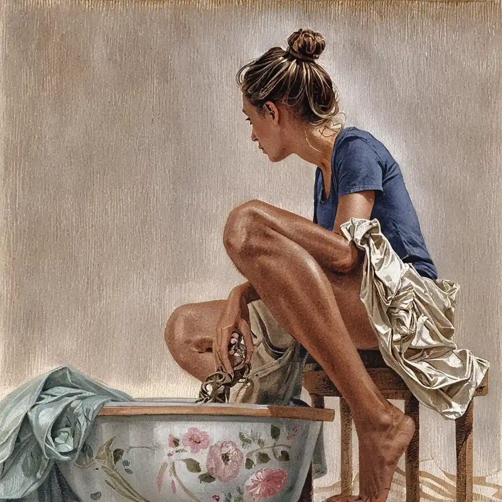 Woman hand washing laundry in a quiet indoor scene