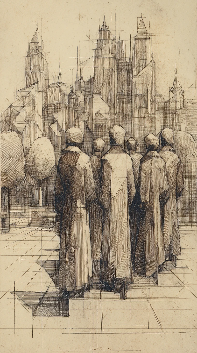 Kubistische Graphitmenge vor einer geometrischen Stadtsilhouette