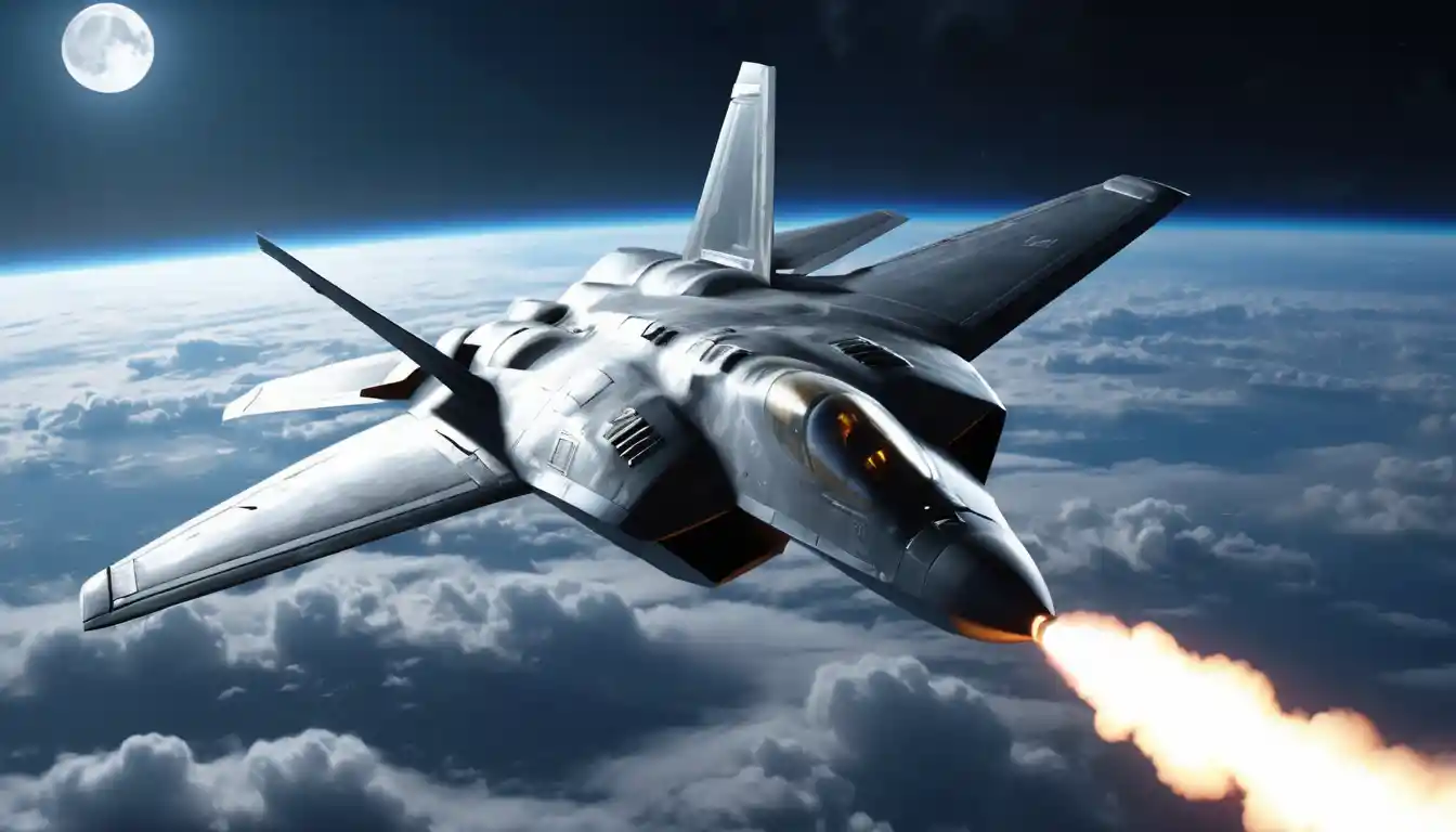 Caça F-22 disparando um míssil no céu iluminado pela lua