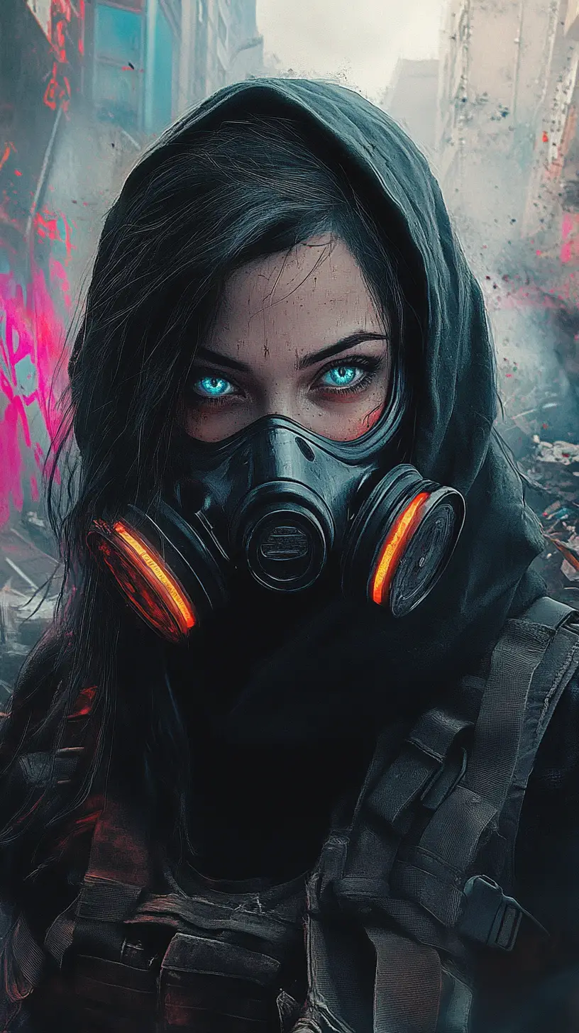 Cyberpunk woman in gas mask overlooking ruined neon city