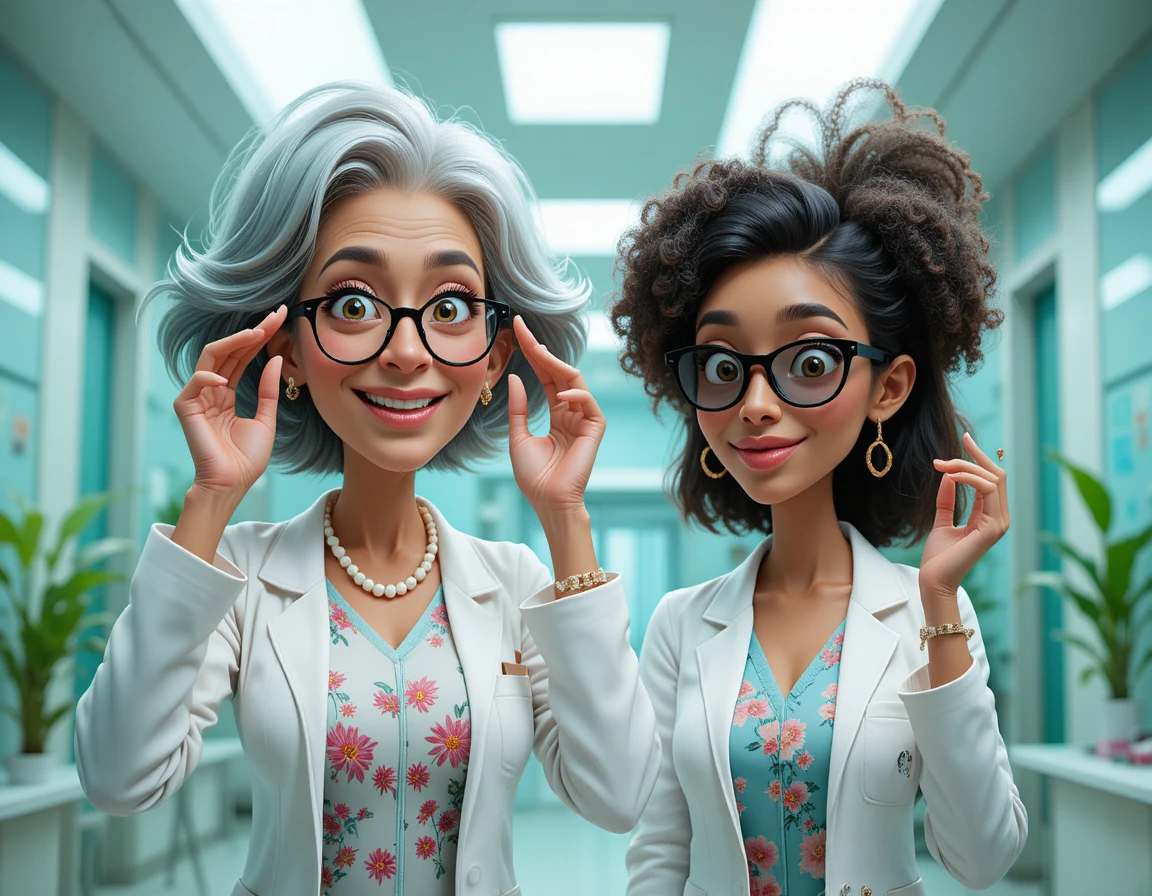 Playful senior scientist joking with colleague in hospital lab