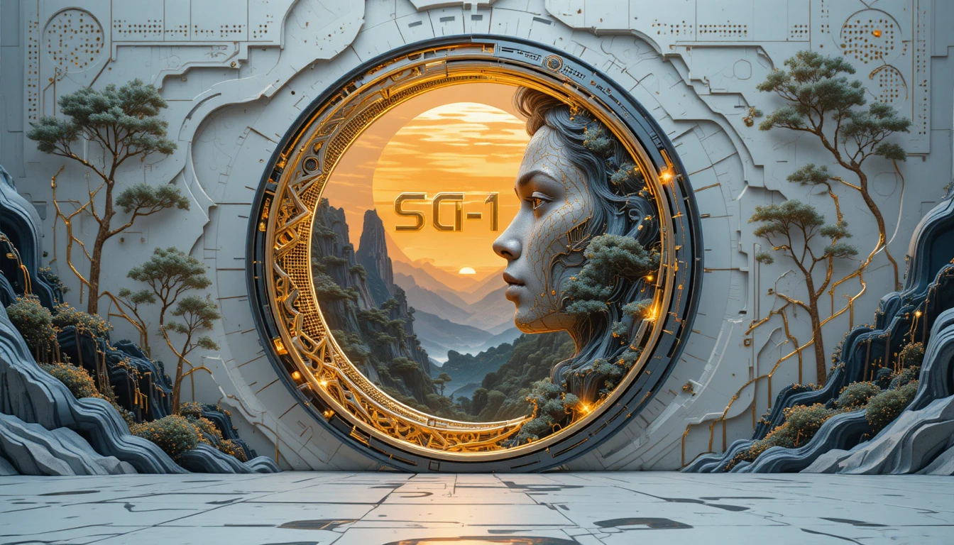 Surreal art nouveau face framing a glowing mountain sun