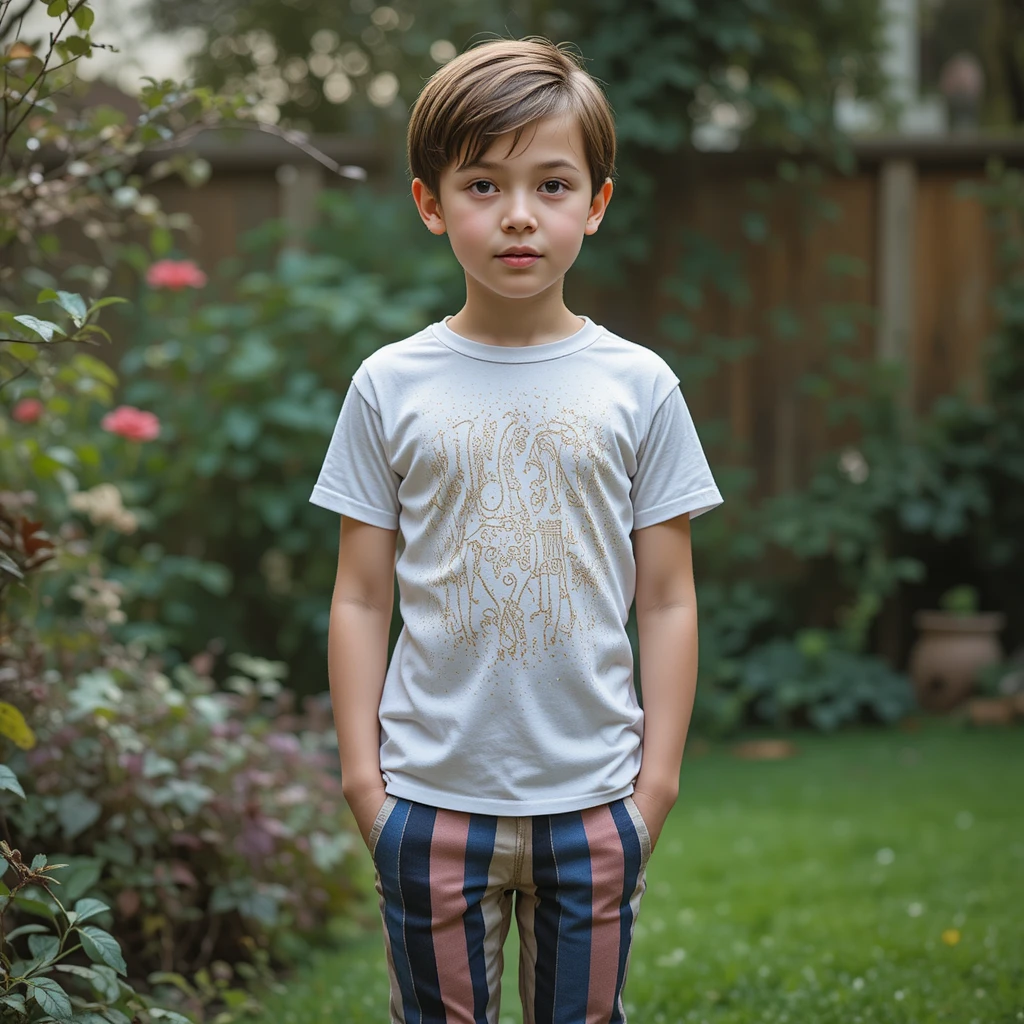 Niño con pantalones a rayas de pie en un jardín tranquilo