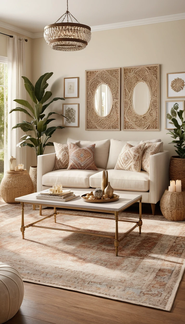 Bohemian living room with creamy beige decorative accents