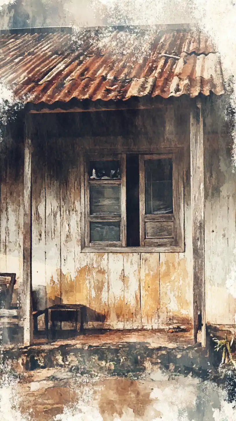 Morning watercolor of a serene traditional wooden malay house interior