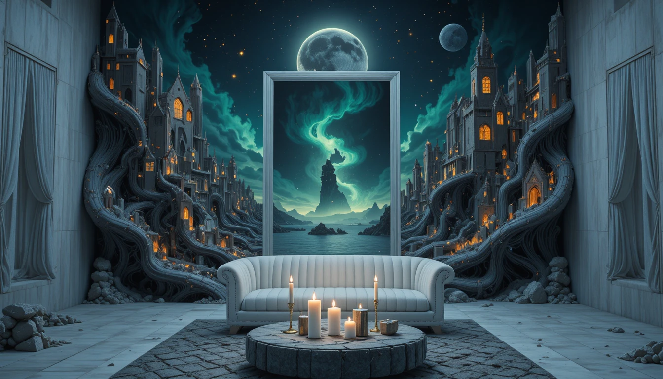 White sofa by a glowing fireplace under a moonlit sky
