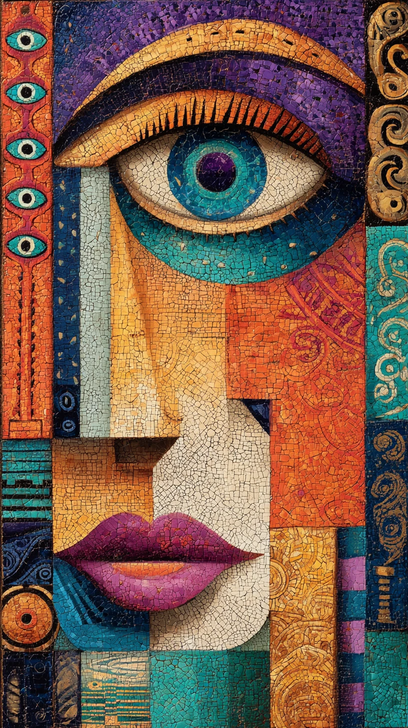 Cubist abstract portrait with turquoise eye and mosaic patterns