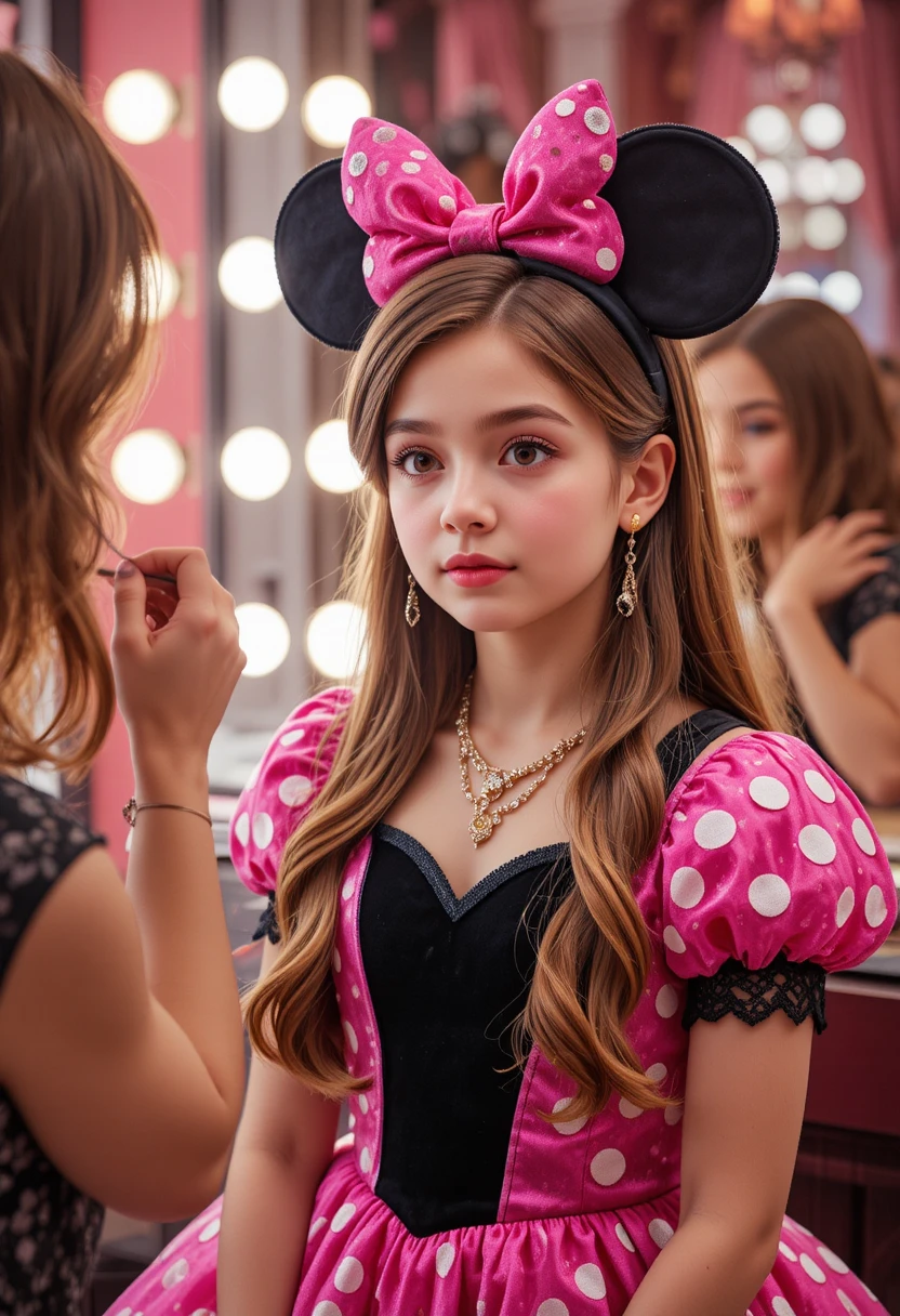 Niño con vestido rosa de Minnie maquillándose en una boutique