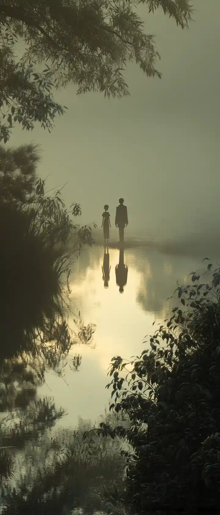 Figura sombría abrazando su reflejo luminoso en un estanque