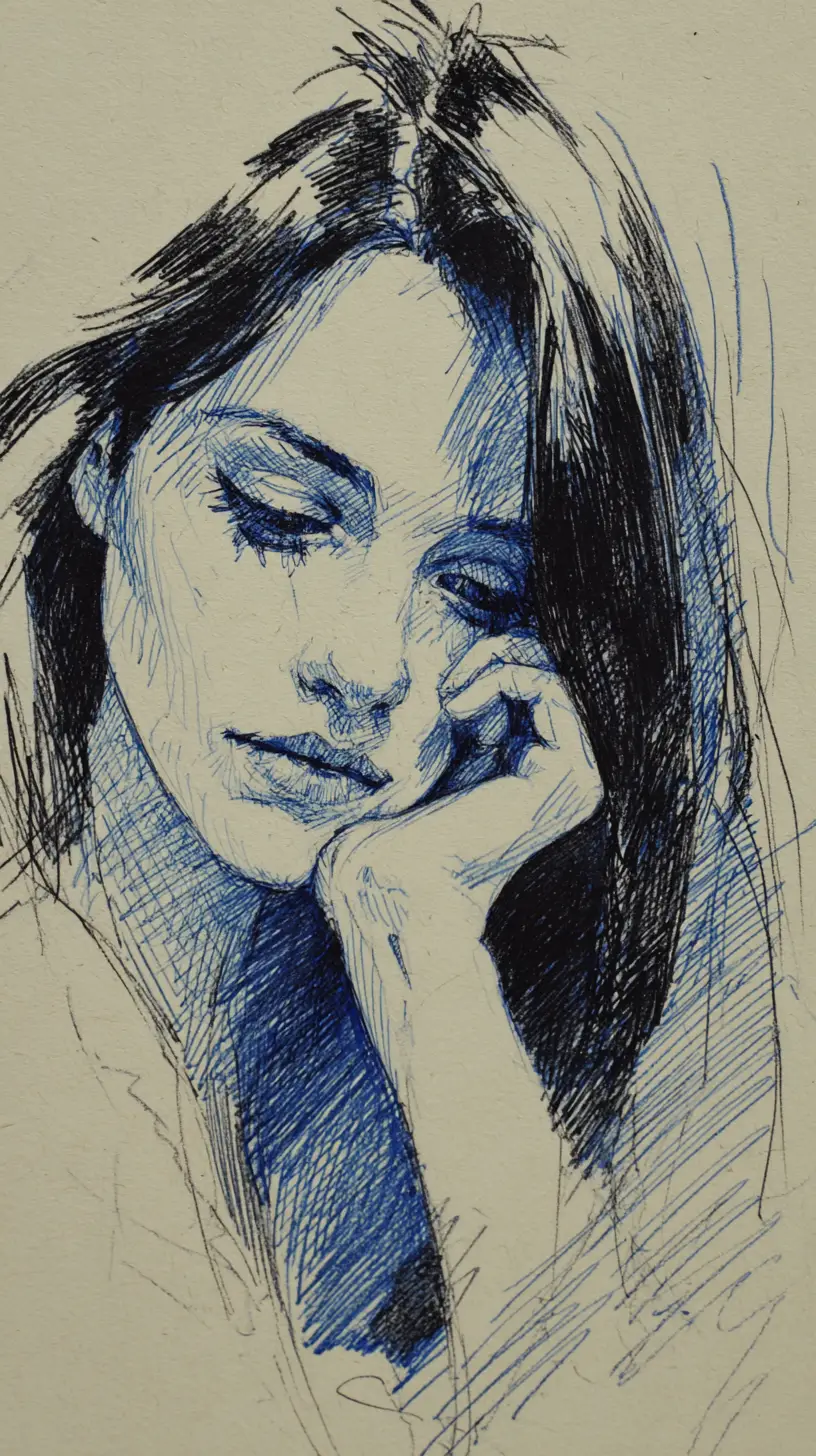 Melancholic girl portrait in blue ink and graphite drawing