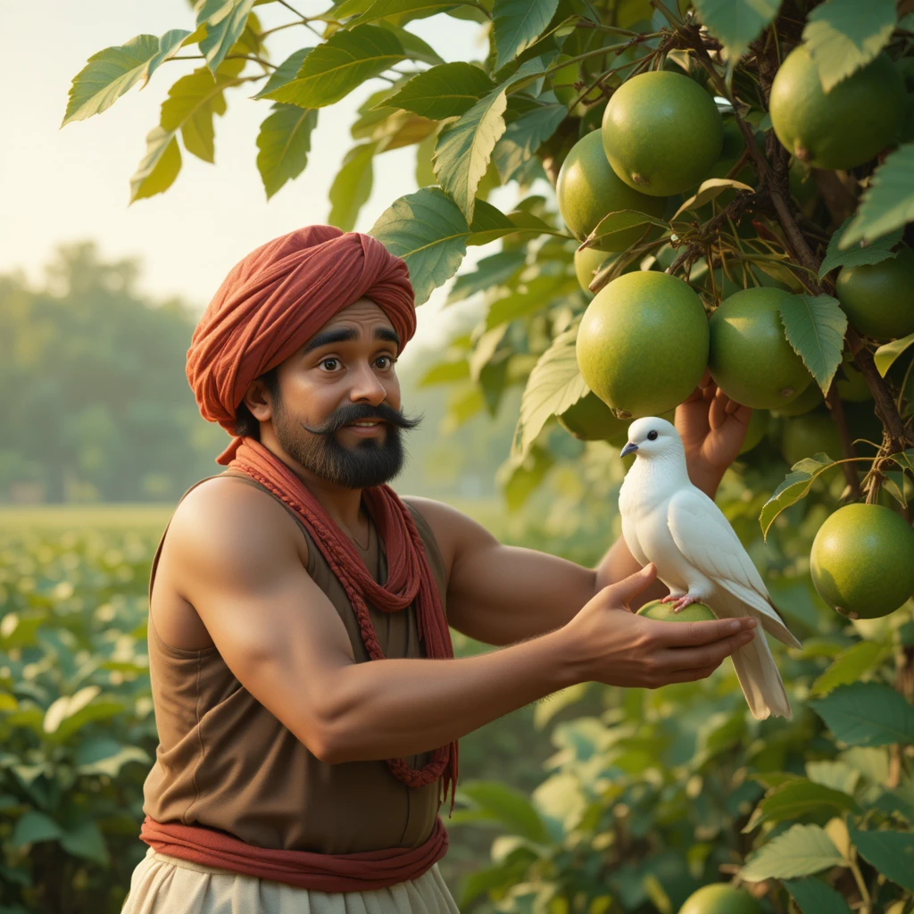 Agricultor indio cosechando guayabas en una granja rural