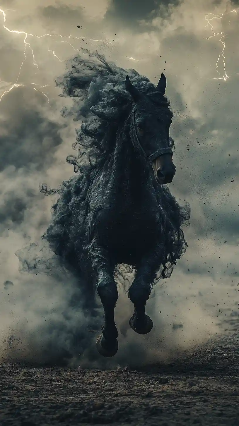 Spectral smoke horse galloping across a dark desert