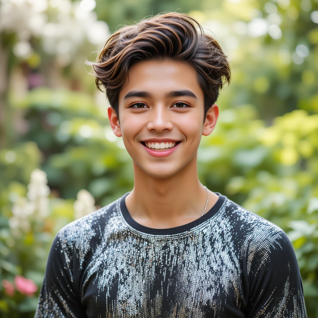 Giovane sorridente in giardino con T-shirt glitterata