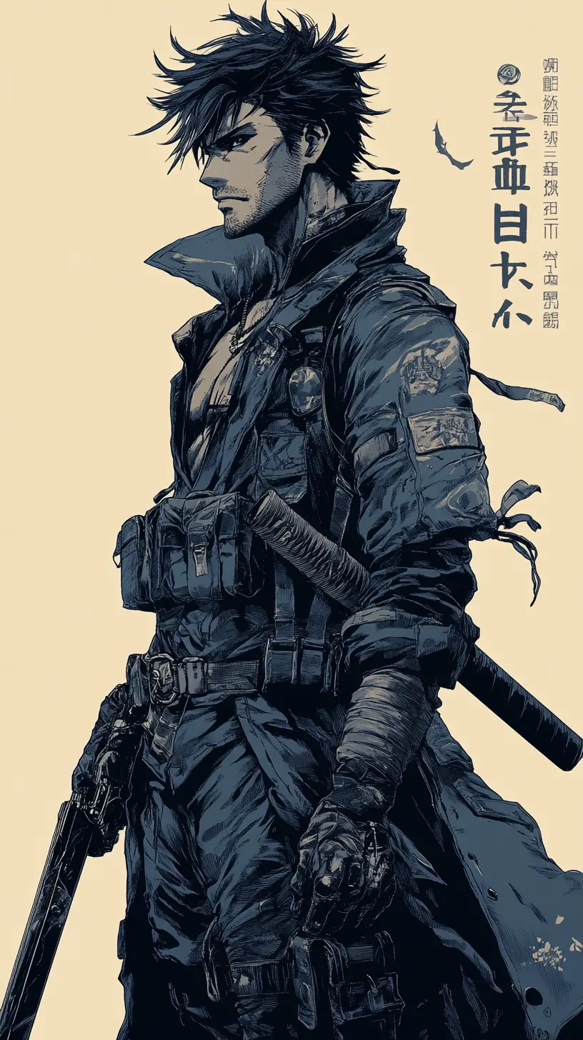 Blue anime warrior in profile with katana and pistol